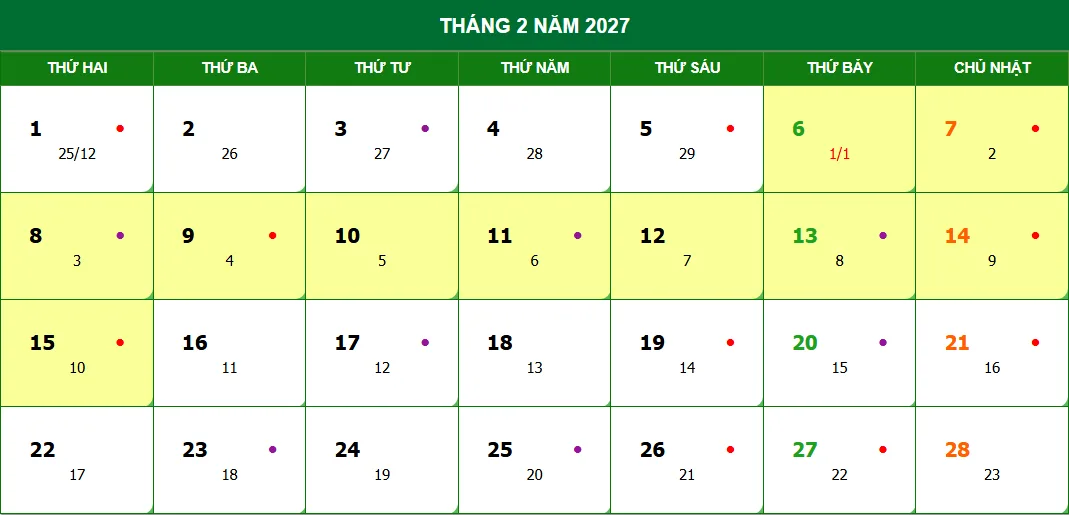 Lịch nghỉ Tết 2027